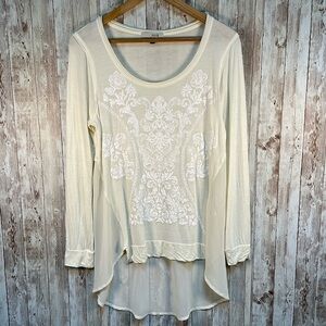 MNK Boutique Ivory Sheer Up Down Blouse Long Sleeve Floral sz Large Rayon Flowy